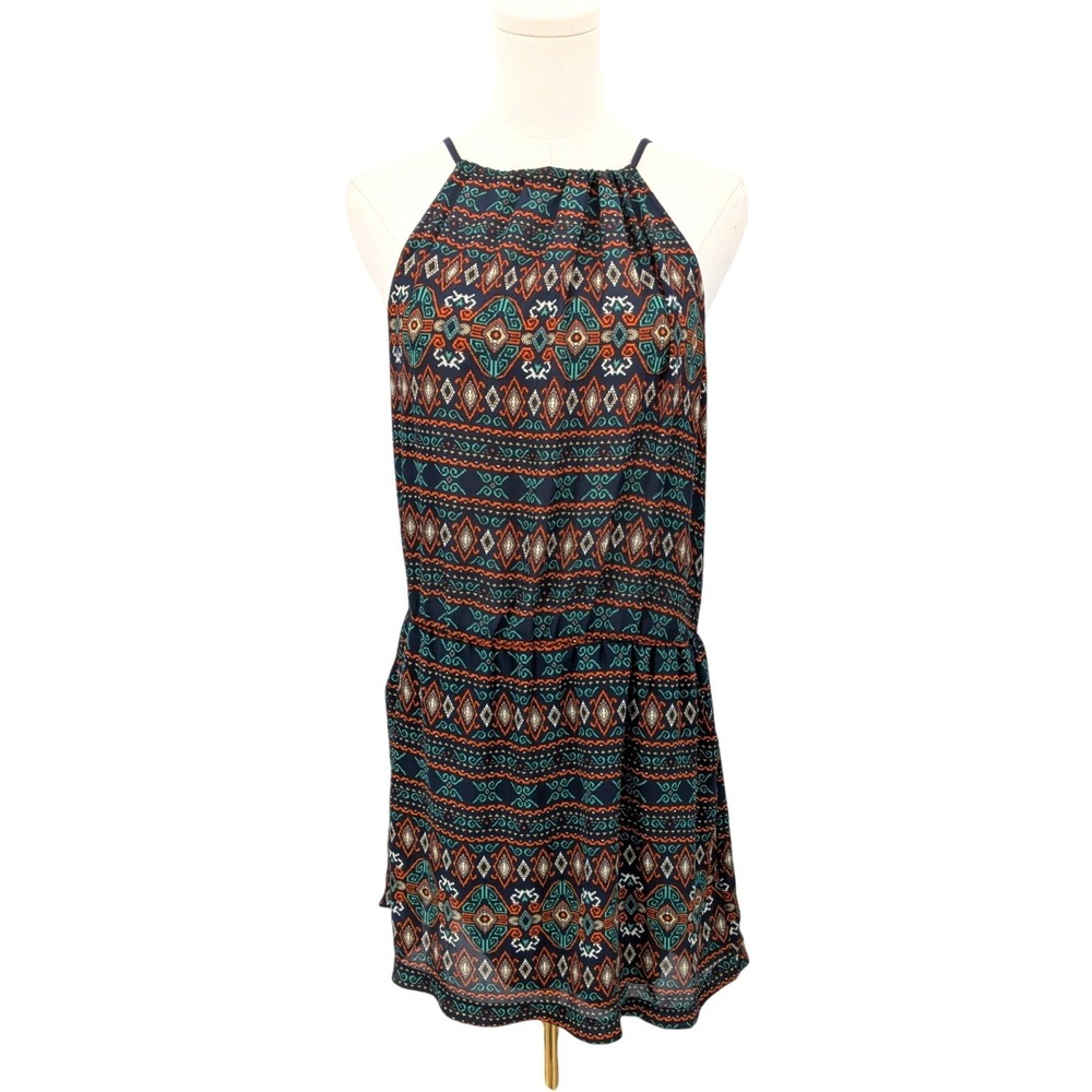 Boho Tribal Print Halter Mini Dress Open Back Festival Large‎
